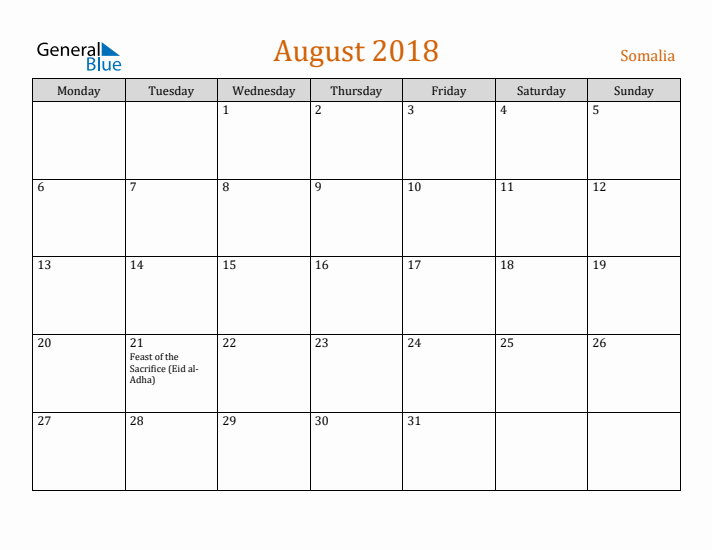 August 2018 Holiday Calendar with Monday Start