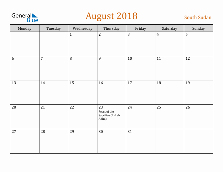 August 2018 Holiday Calendar with Monday Start