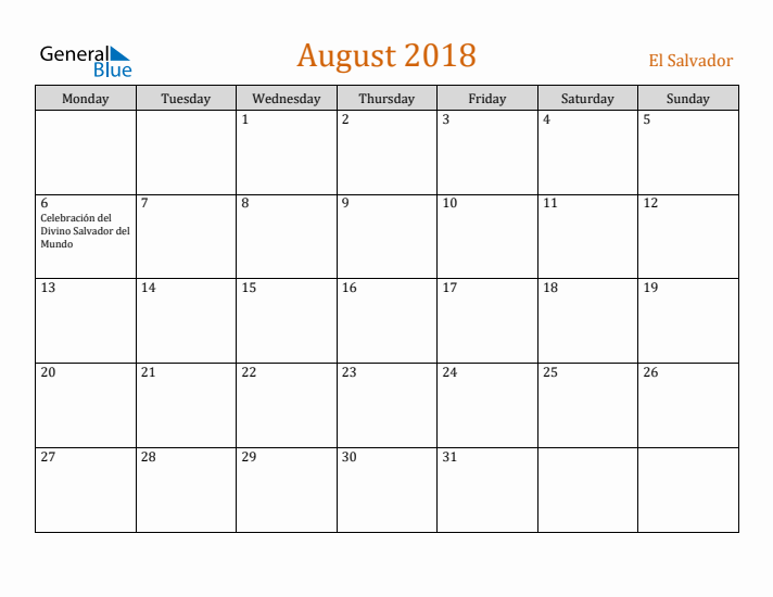 August 2018 Holiday Calendar with Monday Start