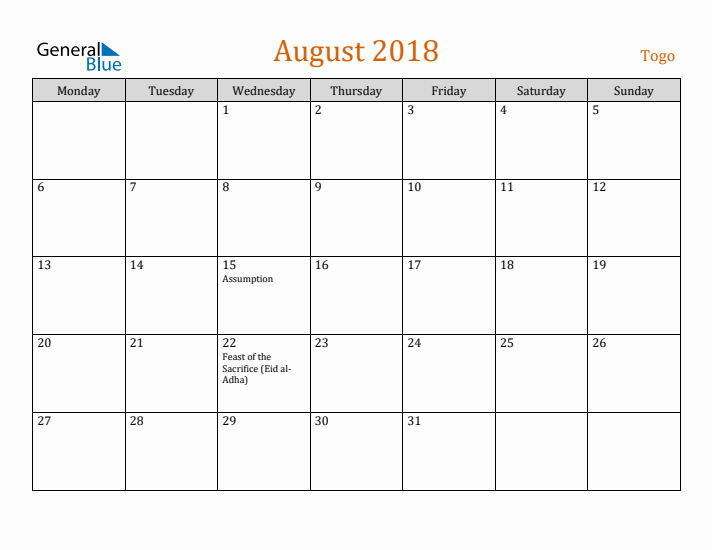 August 2018 Holiday Calendar with Monday Start