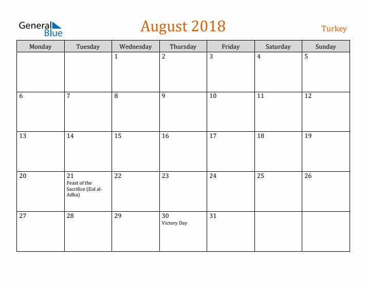 August 2018 Holiday Calendar with Monday Start