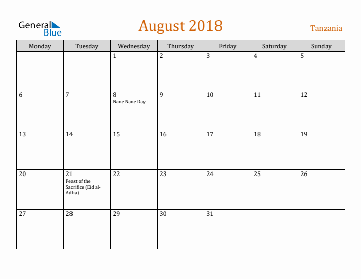 August 2018 Holiday Calendar with Monday Start