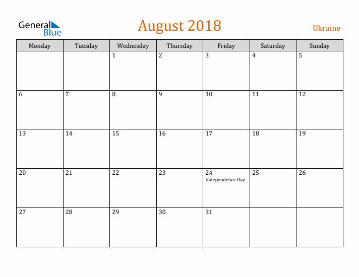 August 2018 Holiday Calendar with Monday Start