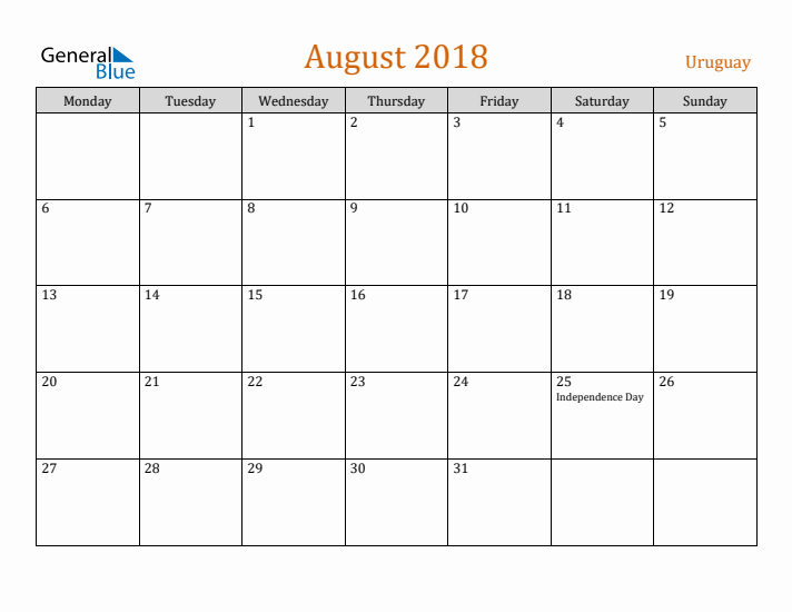 August 2018 Holiday Calendar with Monday Start