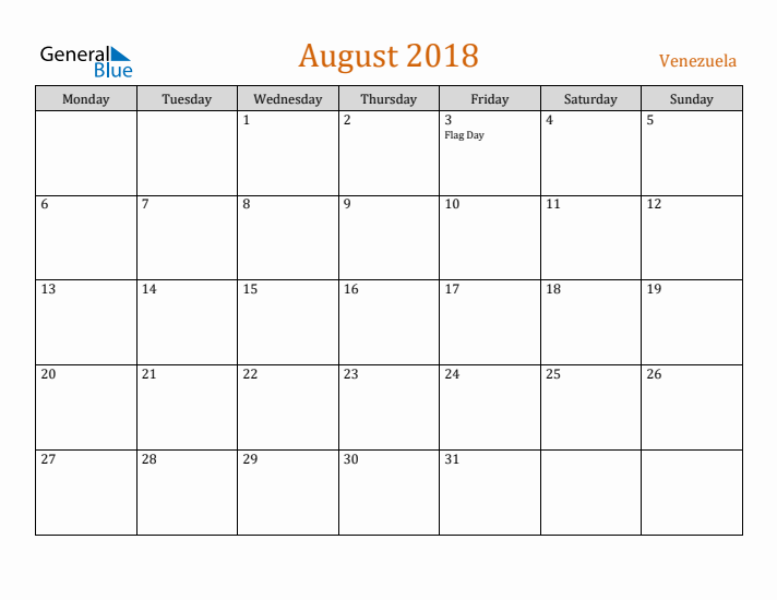 August 2018 Holiday Calendar with Monday Start