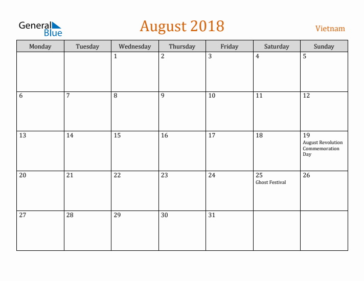 August 2018 Holiday Calendar with Monday Start