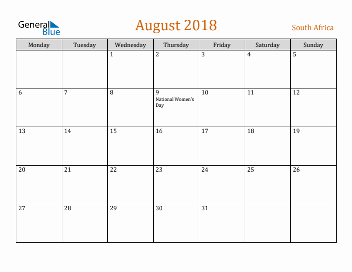 August 2018 Holiday Calendar with Monday Start