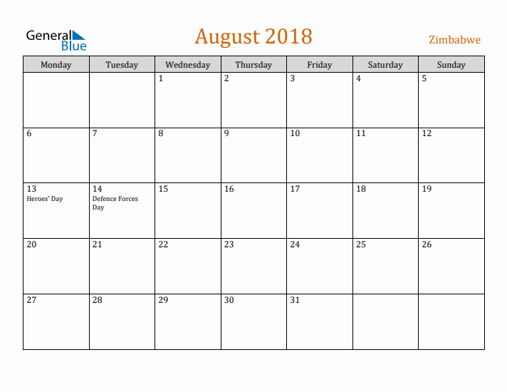 August 2018 Holiday Calendar with Monday Start