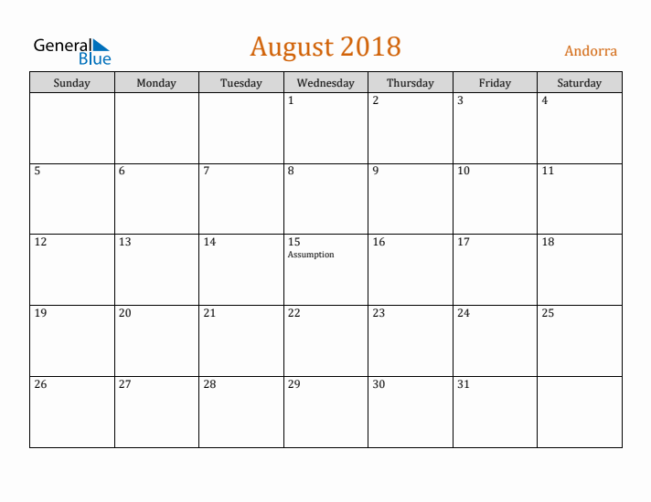 August 2018 Holiday Calendar with Sunday Start