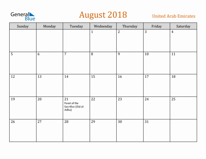 August 2018 Holiday Calendar with Sunday Start