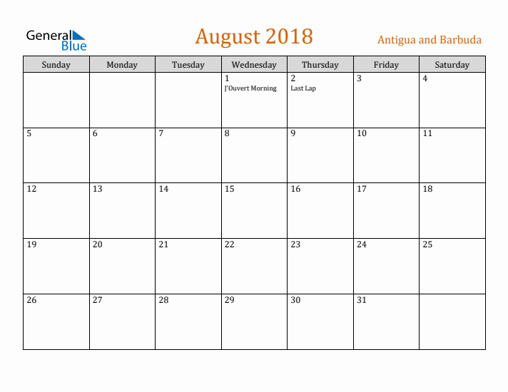 August 2018 Holiday Calendar with Sunday Start