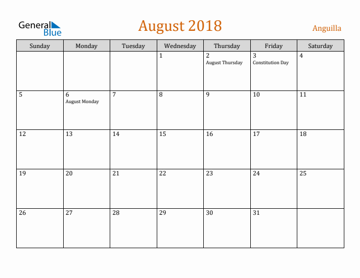 August 2018 Holiday Calendar with Sunday Start