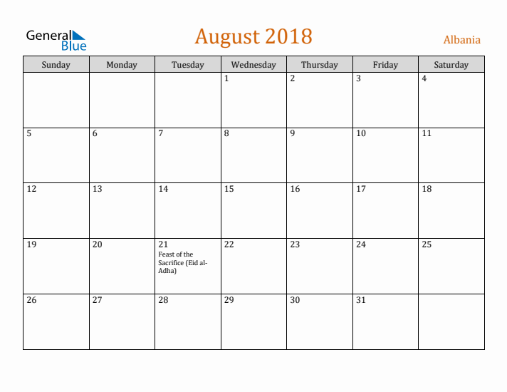 August 2018 Holiday Calendar with Sunday Start