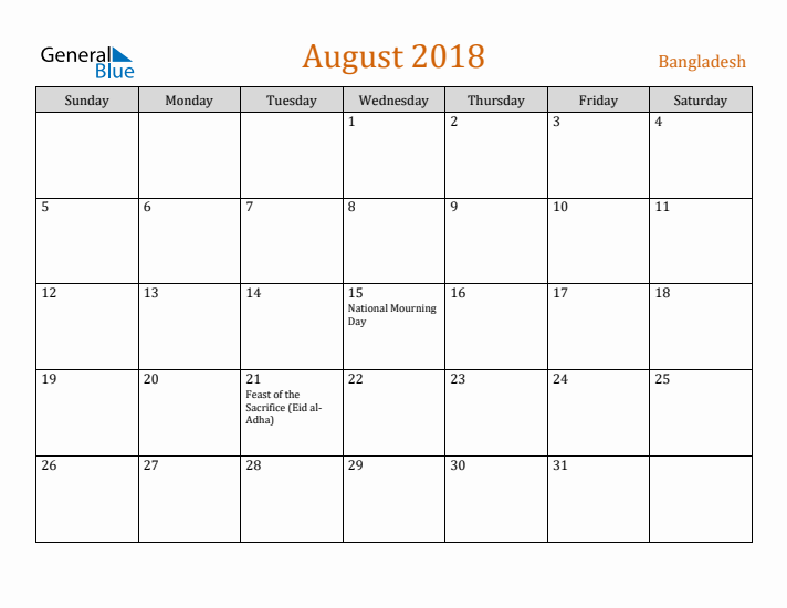 August 2018 Holiday Calendar with Sunday Start