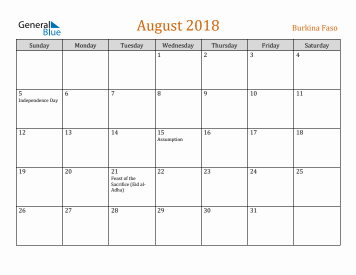 August 2018 Holiday Calendar with Sunday Start