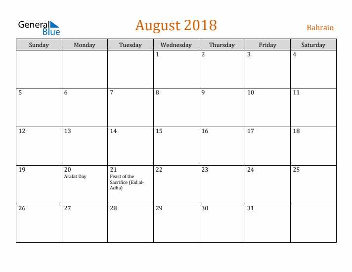 August 2018 Holiday Calendar with Sunday Start