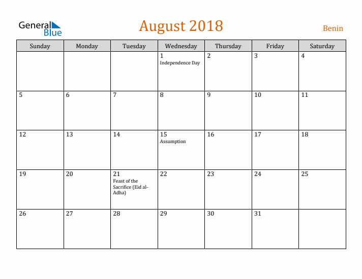 August 2018 Holiday Calendar with Sunday Start