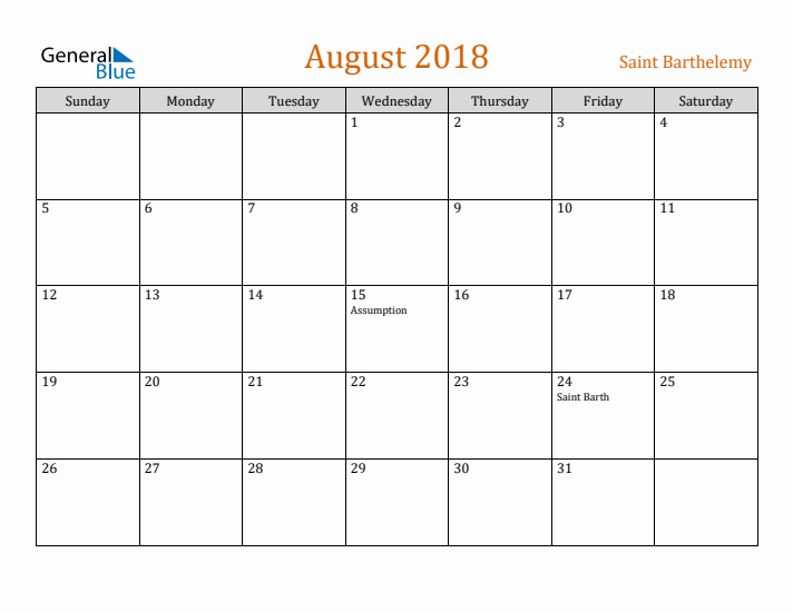 August 2018 Holiday Calendar with Sunday Start