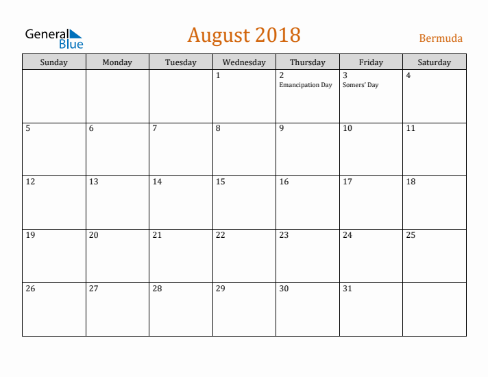 August 2018 Holiday Calendar with Sunday Start