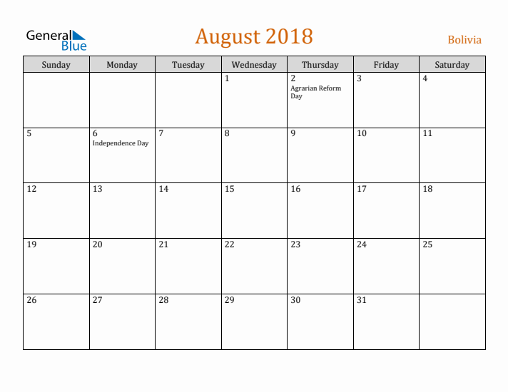 August 2018 Holiday Calendar with Sunday Start