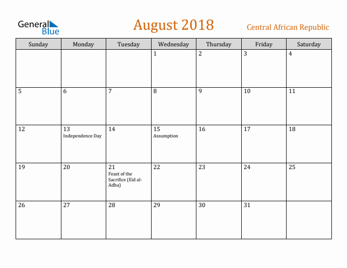 August 2018 Holiday Calendar with Sunday Start