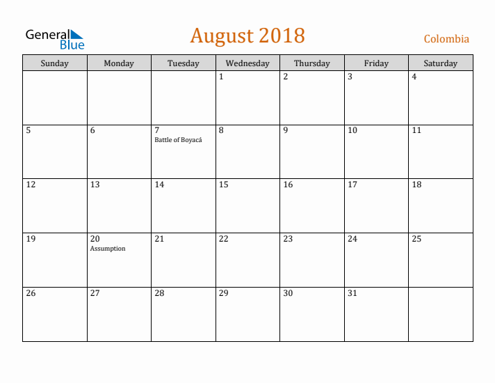 August 2018 Holiday Calendar with Sunday Start