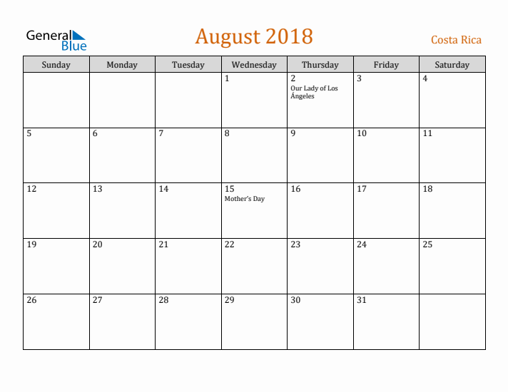 August 2018 Holiday Calendar with Sunday Start