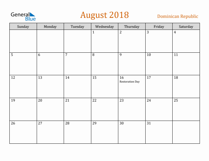 August 2018 Holiday Calendar with Sunday Start