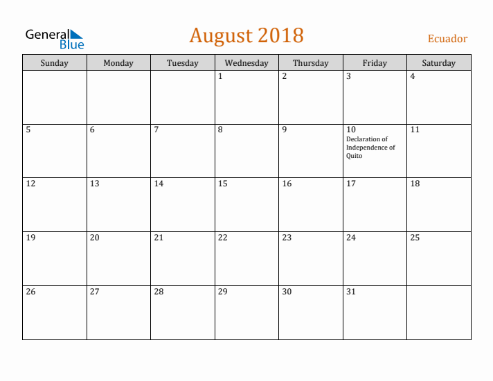 August 2018 Holiday Calendar with Sunday Start