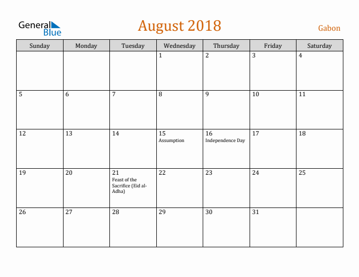 August 2018 Holiday Calendar with Sunday Start