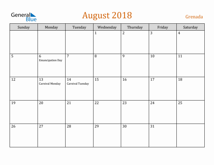 August 2018 Holiday Calendar with Sunday Start