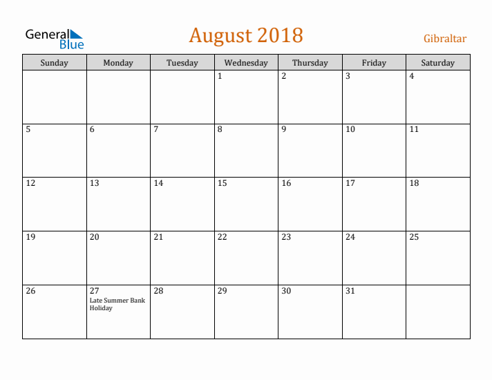 August 2018 Holiday Calendar with Sunday Start