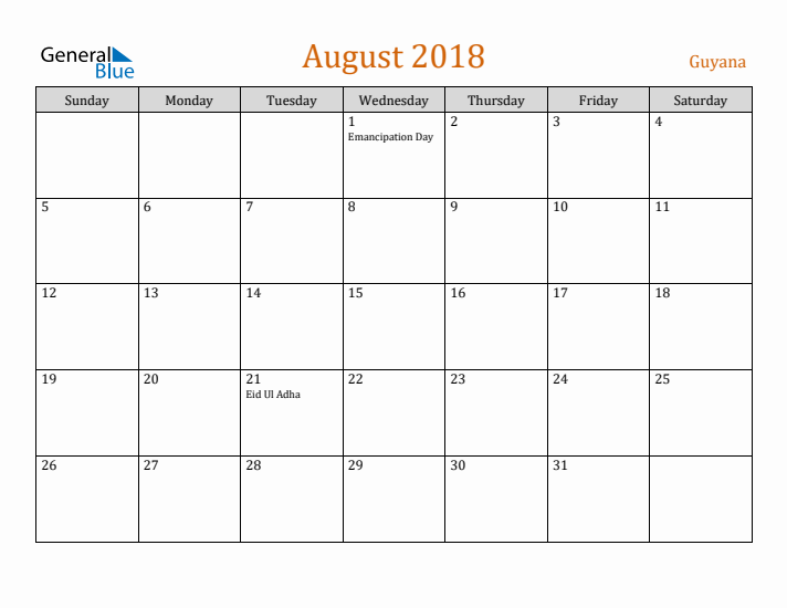 August 2018 Holiday Calendar with Sunday Start