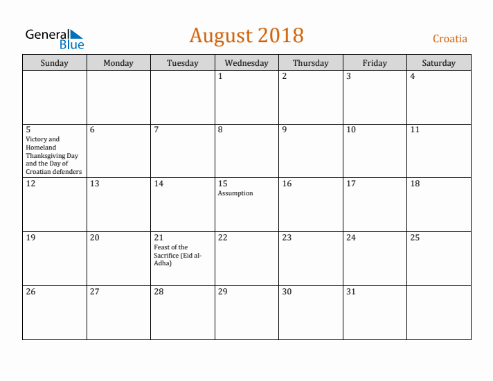 August 2018 Holiday Calendar with Sunday Start