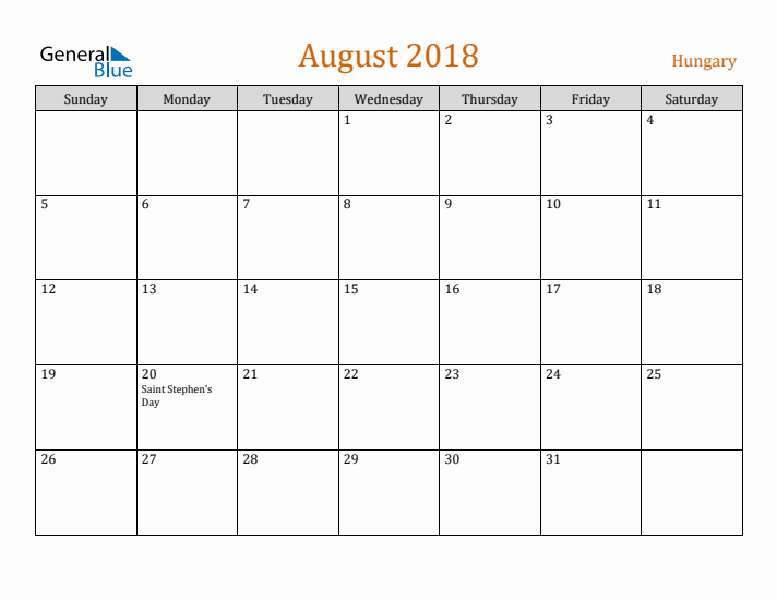 August 2018 Holiday Calendar with Sunday Start