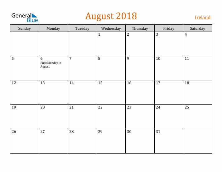 August 2018 Holiday Calendar with Sunday Start