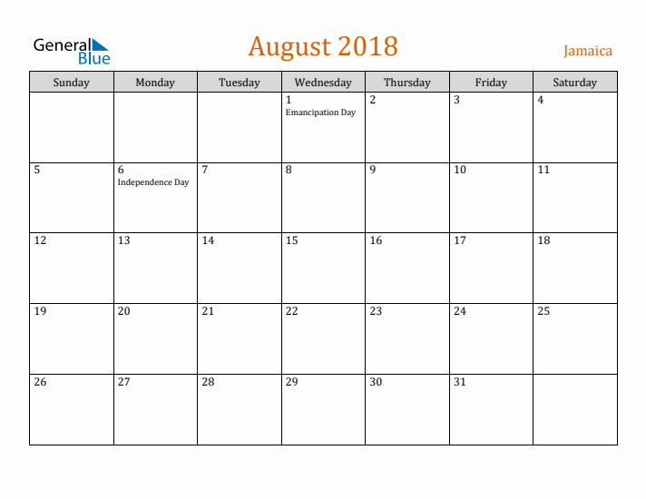 August 2018 Holiday Calendar with Sunday Start