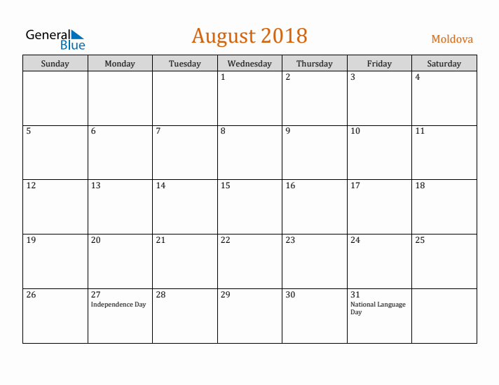 August 2018 Holiday Calendar with Sunday Start