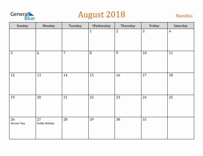 August 2018 Holiday Calendar with Sunday Start