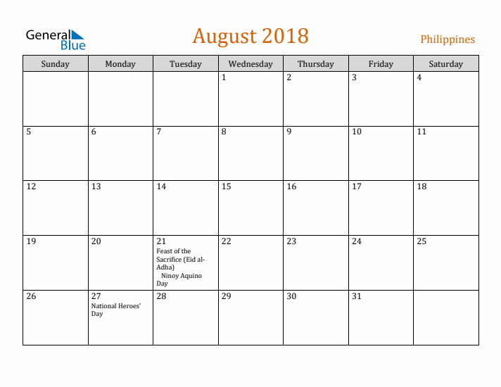 August 2018 Holiday Calendar with Sunday Start