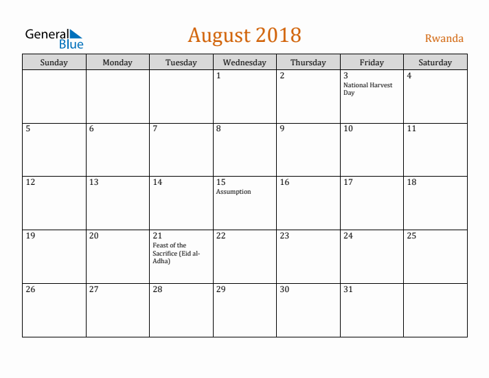 August 2018 Holiday Calendar with Sunday Start