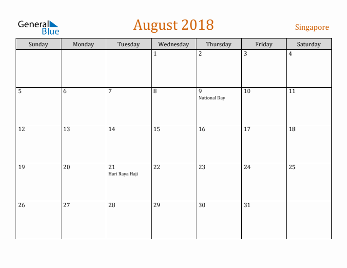 August 2018 Holiday Calendar with Sunday Start