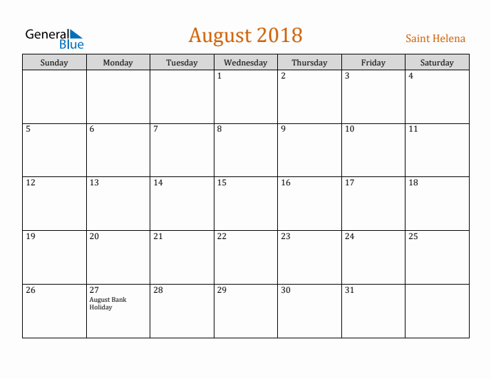 August 2018 Holiday Calendar with Sunday Start