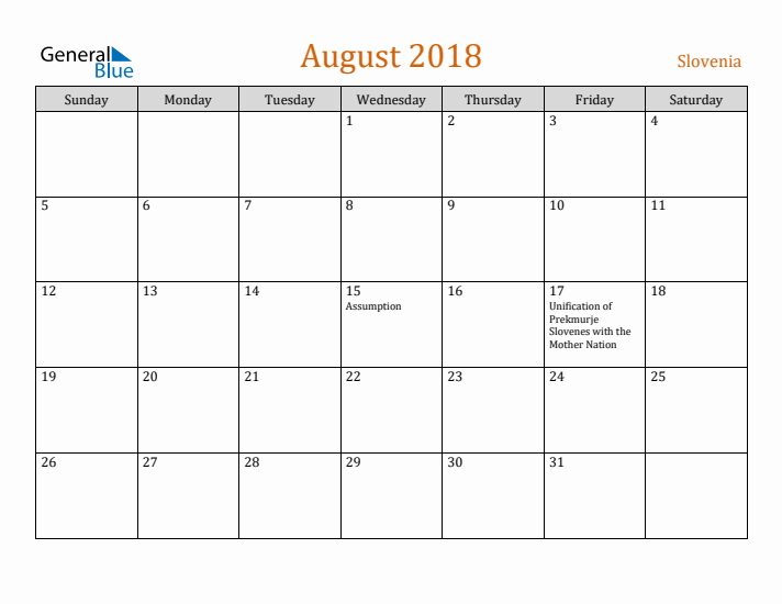 August 2018 Holiday Calendar with Sunday Start