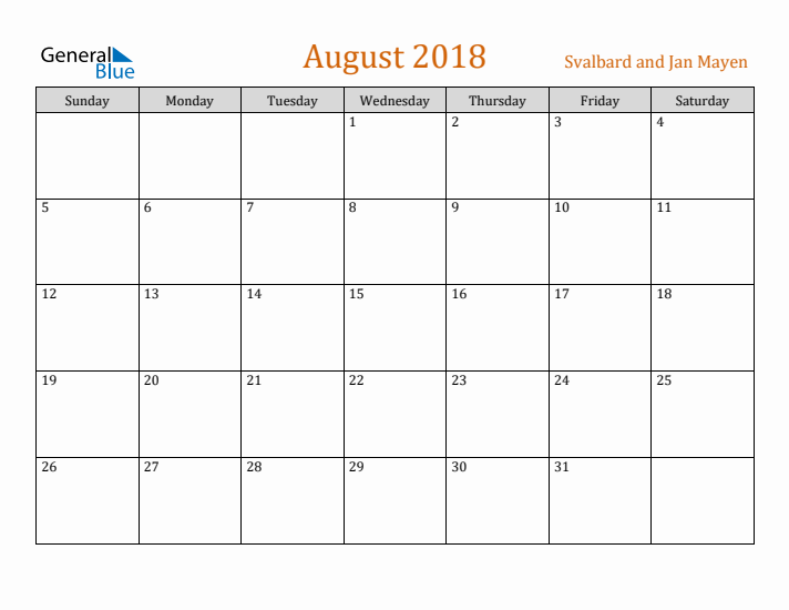 August 2018 Holiday Calendar with Sunday Start