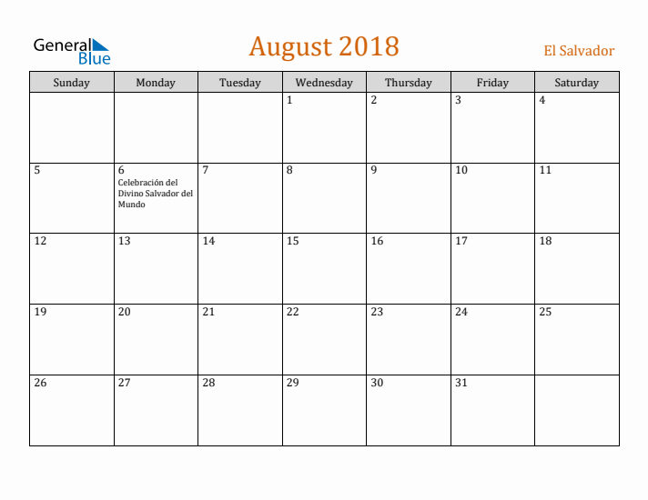 August 2018 Holiday Calendar with Sunday Start