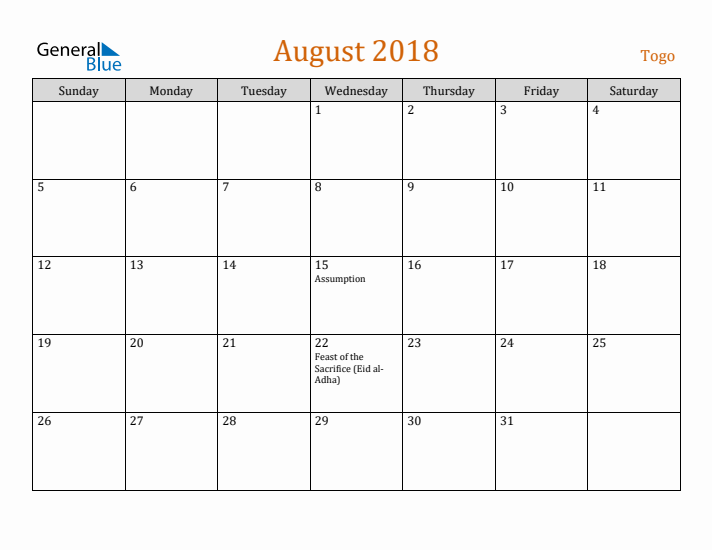 August 2018 Holiday Calendar with Sunday Start