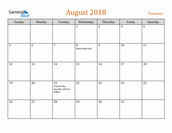 August 2018 Holiday Calendar with Sunday Start