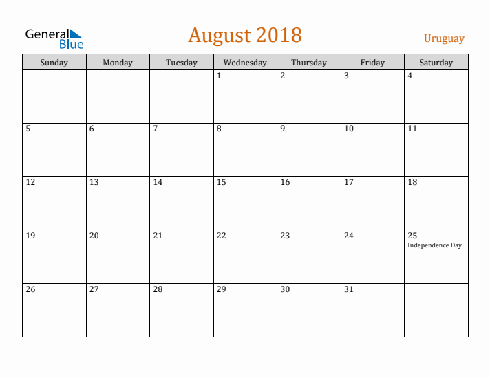 August 2018 Holiday Calendar with Sunday Start