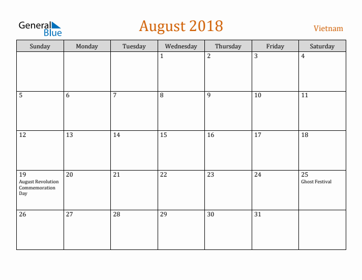 August 2018 Holiday Calendar with Sunday Start